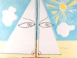 painting of a sailboat on the water with a sun in the background