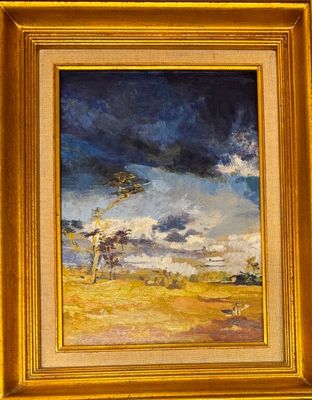 une peinture à l'huile représentant un champ avec un arbre solitaire au loin