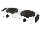 a white and black stove top with two burners on it