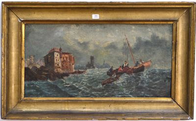 an oil painting of two boats in the water near a building