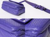 two photos of a purple purse with a strap on it