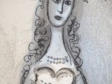 drawing of a woman in a white dress with a necklace on her neck