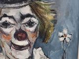 painting of a clown with a top hat and a flower in his hand