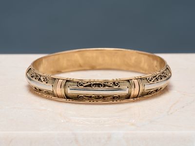 Bracelet jonc en or jaune, gris, vert et rose 18k 750 milliè…