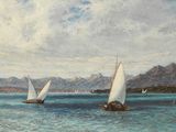 tableau représentant trois voiliers en mer, avec des montagnes en arrière-plan