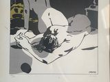 a black and white picture of a naked woman laying on a bed