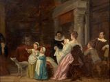 painting of a group of people standing around a dog in a room