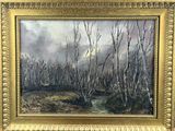 an oil painting of a landscape with trees in the foreground