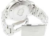 the watch is silver and has a white dial