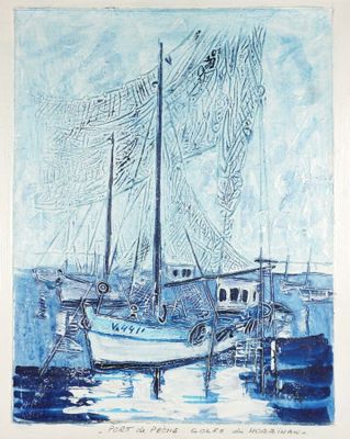 peinture bleue et blanche représentant un bateau amarré à un quai