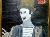 tableau représentant un clown coiffé d'un haut-de-forme et tenant une rose à la main