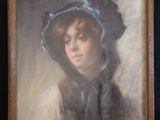 a painting of a woman wearing a blue hat and a black dress