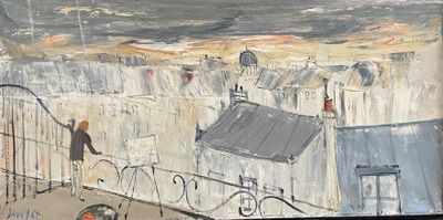 a painting of a woman standing on a balcony