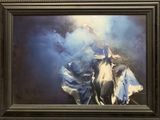 painting of a woman in a blue dress with smoke coming out of her head