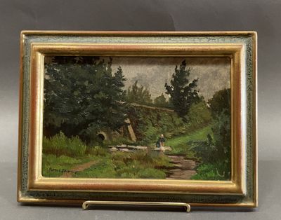 une peinture à l'huile représentant un pont enjambant un ruisseau dans une zone boisée