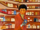 un tableau représentant une femme dans un magasin, tenant une tasse