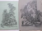 two drawings of a man and a woman sitting on a rock