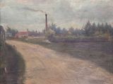 tableau représentant un chemin de terre avec un phare au loin