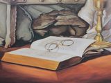 a painting of a book and a candle on a table
