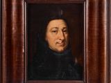 a painting of a man in a black coat and a brown hat
