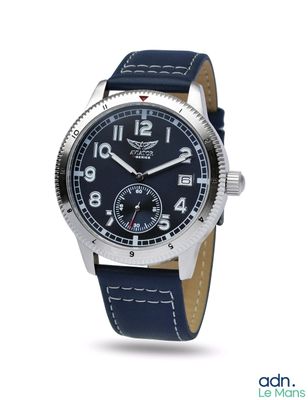 an image of a wrist watch with a blue leather strap