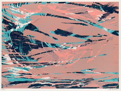 an abstract painting of a pink and blue wave on a pink background
