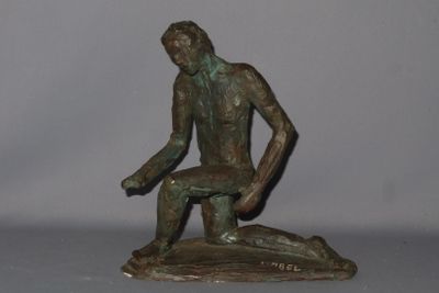 GABEL (?) "Homme agenouillé" platre patiné (ht.