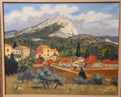 an oil painting of a landscape with a mountain in the background
