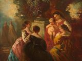 an image of a painting of a group of women sitting on a bench