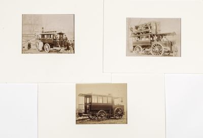three old black and white photographs of a train and a horse drawn carriage
