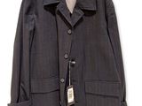 grey pinstripe suit jacket with black buttons on a hanger