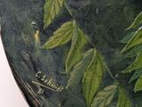 a painting of a bird sitting on a branch of a plant