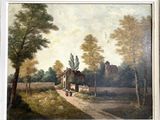 painting of a farm scene with a horse drawn carriage in the foreground