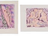 trois reproductions encadrées représentant des nus sur fond blanc, dont l'une est violette et l'autre rose