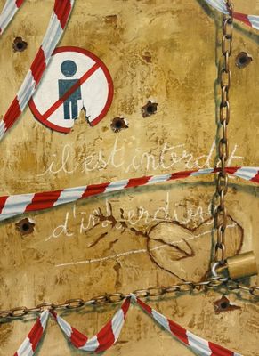 une peinture représentant une enseigne sur la façade d'un immeuble