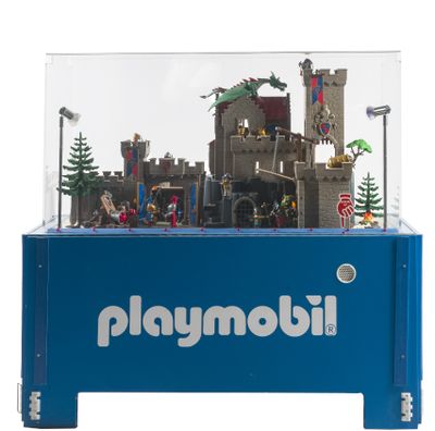 une vitrine Playmobil contenant un château