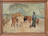 a painting of a man leading a herd of cows