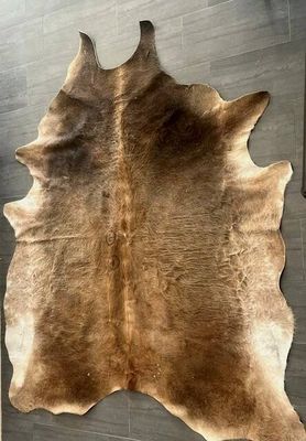 a brown and white cow skin rug on the wall