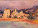 a painting of a painting of a building near a body of water