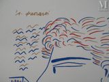 drawing of a woman ' s face with a city in the background