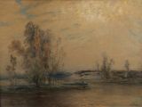 l'image d'une peinture représentant une rivière avec des arbres au premier plan