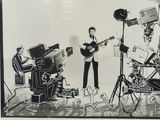 black and white photograph of a man playing a guitar in front of a camera