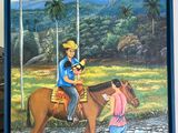 tableau représentant un homme à cheval aux côtés d'une femme et d'un oiseau