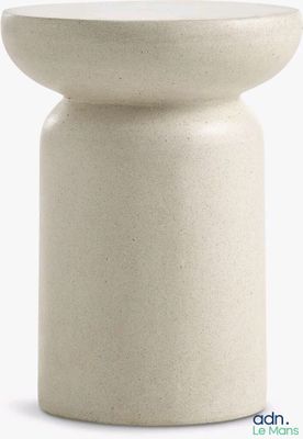 the small white stool has a round base and a wooden top