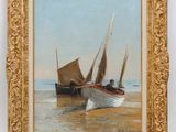 an oil painting of two boats on a beach with a man in a boat