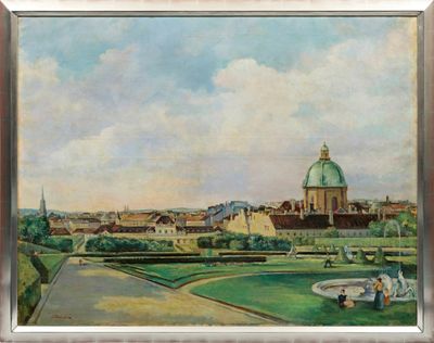 tableau représentant une vue de ville avec une église et une fontaine