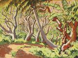 un tableau représentant un sentier dans les bois, bordé d'arbres