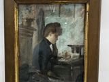 painting of a boy sitting at a table in front of a window