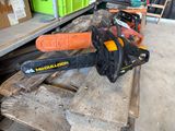 a chainsaw sitting on a table in a garage
