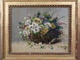 an oil painting of a basket of flowers on a table
